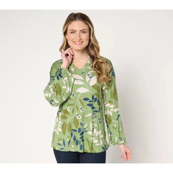 Belle by Kim Gravel Floral Peasant Sleeve Knit Blouse Watercress Large A677096 - Picture 1 of 1